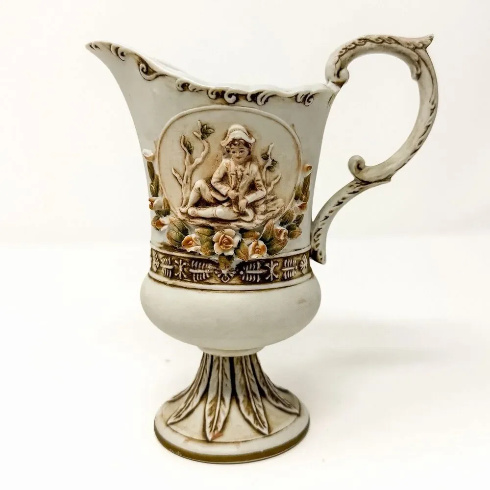 Vintage Lefton Porcelain Ewer Pitcher Applied Roses Figural Victorian Decor